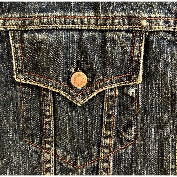 Levis Slim Trucker Jean Jacket Size L Y2k Red Tab Distressed Dark Wash Denim - Picture 9 of 14